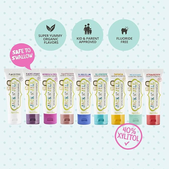 Jack N' Jill Natural Toothpaste for Kids - Fluoride Free Toothpaste, 40% Xylitol, BPA Free - Blackcurrant & Strawberry, 1.76 oz (2 Pack)