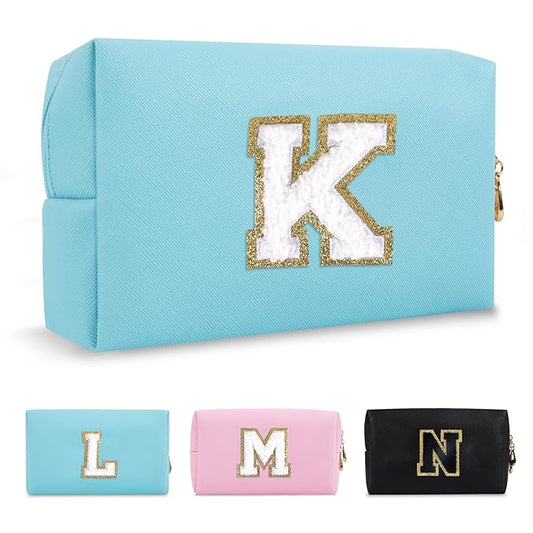 Small Personalized Initial A-Z Preppy Patch Makeup Bag,PU Chenille Letter Travel Cosmetic Pouch with Zipper,Blue Cute Toiletry Bag,Gift Ideal for Teen Girls Women Teacher Bridesmaid,Letter K