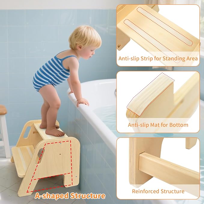 WOOD CITY Toddler Step Stool, Wooden 2 Step Stools for Bathroom Sink Potty Training Kitchen Dual Height Stool Helper for Kids Bonus Non-Slip Pads and Handles for Safety (2 Pack Natural)