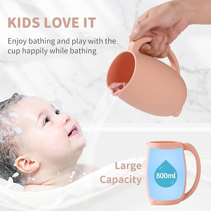 Baby Bath Rinse Cup - Children's Shampoo and Body Wash Rinse Cup with Easy Grip Handle for Rinsing Baby Shampoo and Soap - Food Grade Silicone - Penguin (Pink)