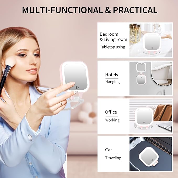 FUNTOUCH Travel Makeup Mirror with Light, 1X/10X Magnifying with 3 Light Settings & Adjustable Brightness,Rechargeable Folding Compact Double Sides Mirror for Home and Travel, Pink