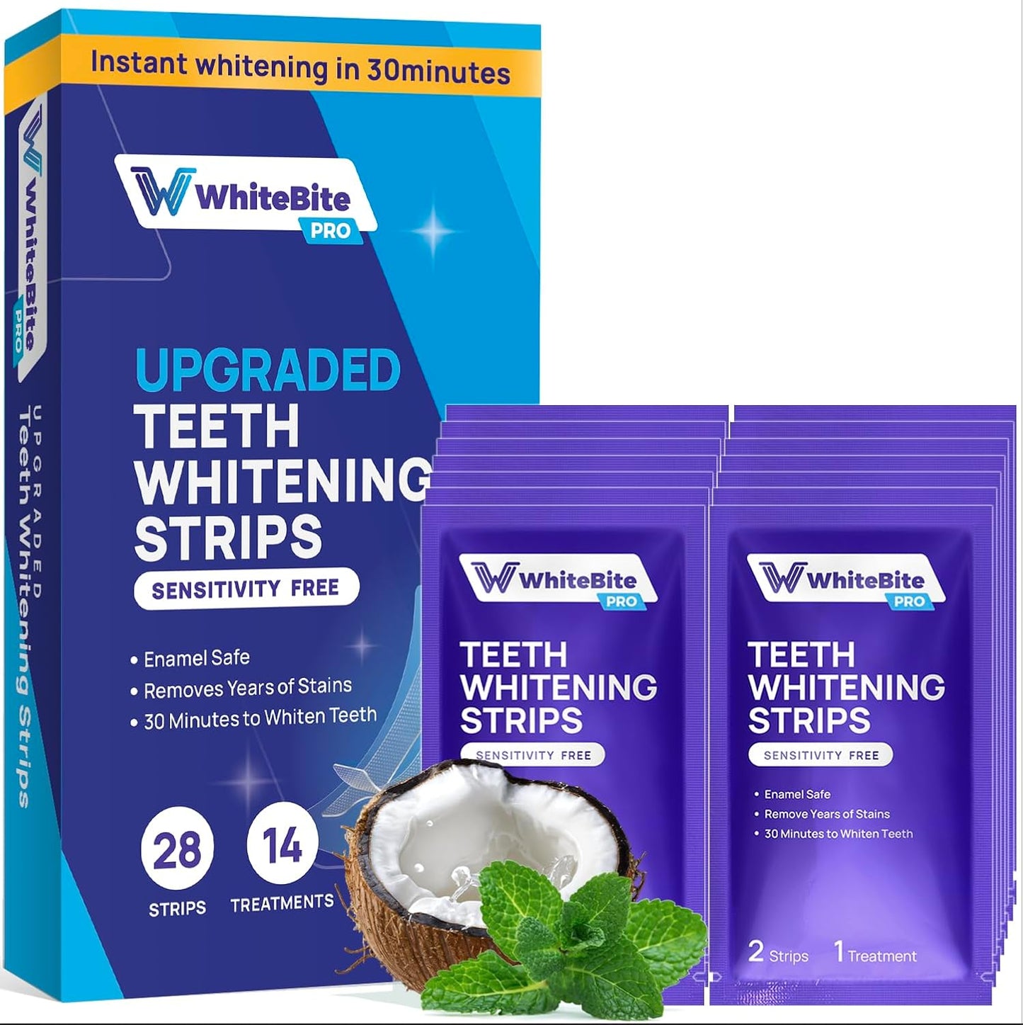 Whitebite Pro Upgraded Teeth Whitening Strips 28 Strips (14 Treatments) | Enamel-Safe | Deep Stains Removal | Non-Slip Design | Whitening Without Any Harm | Mint