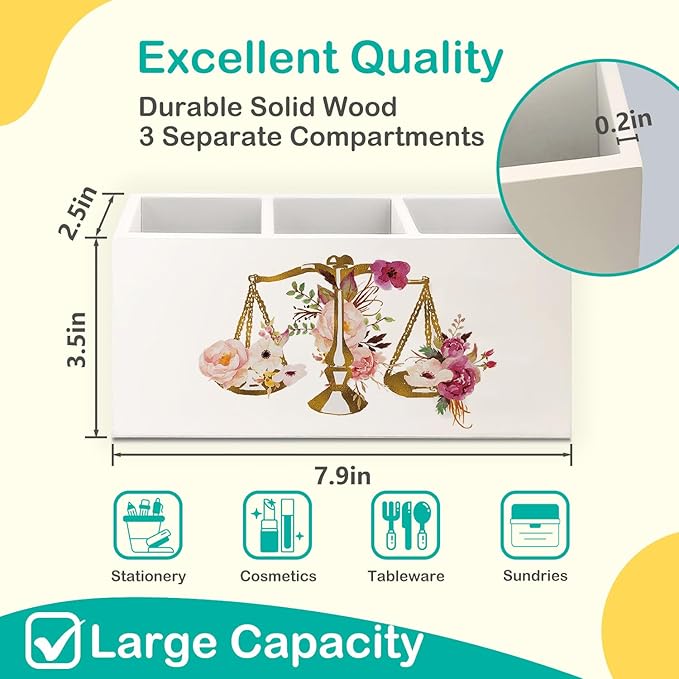 Lawyer Attorney Gifts for Women Pen Pencil Holder for Desk, Lawyer Graduation Gifts, Floral Scales of Justice Wooden Box Decorative Sign for Home Office Desk Tabletop Decor