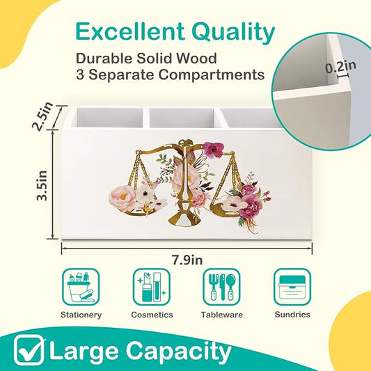 Lawyer Attorney Gifts for Women Pen Pencil Holder for Desk, Lawyer Graduation Gifts, Floral Scales of Justice Wooden Box Decorative Sign for Home Office Desk Tabletop Decor
