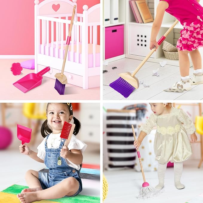 Wooden Toy Cleaning Set ,8Pcs Kids Cleaning Set, Includes Broom, Dustpan, Brush, Mop, Duster, Sponge, Rag and Hanging Stand, Pretend Play Children House Cleaning Toys for Toddlers