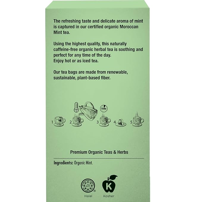 Sadaf Organic Moroccan Mint Tea - Mint Tea Bags - Ideal for Hot or Iced Tea - Organic Herbal Tea - Kosher - 18 Wrapped Tea Bags