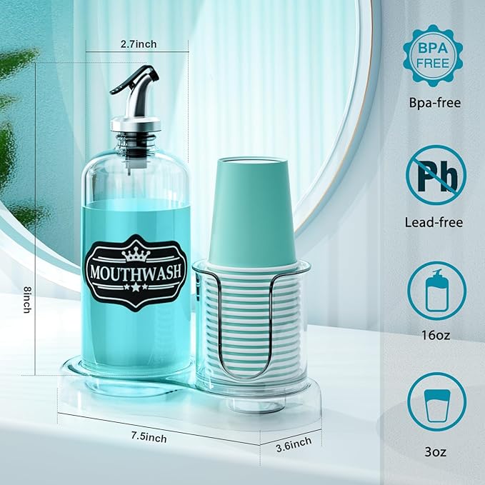 Mouthwash Dispenser for Bathroom with Cup Holder Detachable Glass Mouthwash Container 16 Oz,Refillable Mouth Washer Dispenser for Countertop