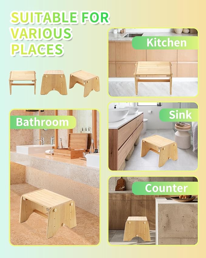 9" Wooden One Step Stool, Todder Step Stool Wood for Kids/Adults/Elderly - Adjustable Height, Lightweight, Anti-Slip, 200 Lbs Beside Stepstool for Bathroom, Kitchen, Bedroom (Natural, Pine)