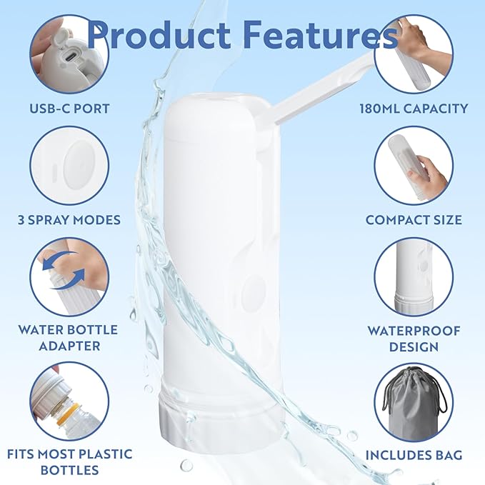 Portable Bidet for Travel – Electric Sprayer with 3 Pressure Modes, USB-C Fast Charging, LED Indicator, 180ml Tank & Waterproof Handheld, Bottle Adapter for Home, Travel and Postpartum Hygiene