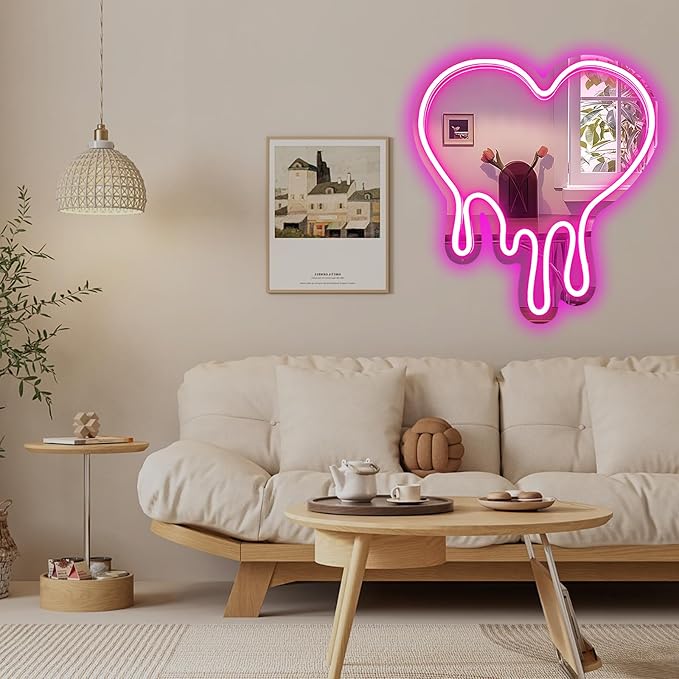 Heart Mirror Neon Sign Heart Neon Wall Art Sign for Wall Decor LED Neon Mirror Light Sign for Girls Room Bedroom Wedding Birthday Party