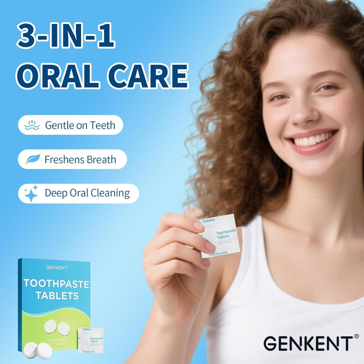GENKENT Toothpaste Tablets, Fluoride & Plastic Free Chewable Toothpaste Tabs, Eco & Travel Friendly (60 Count)