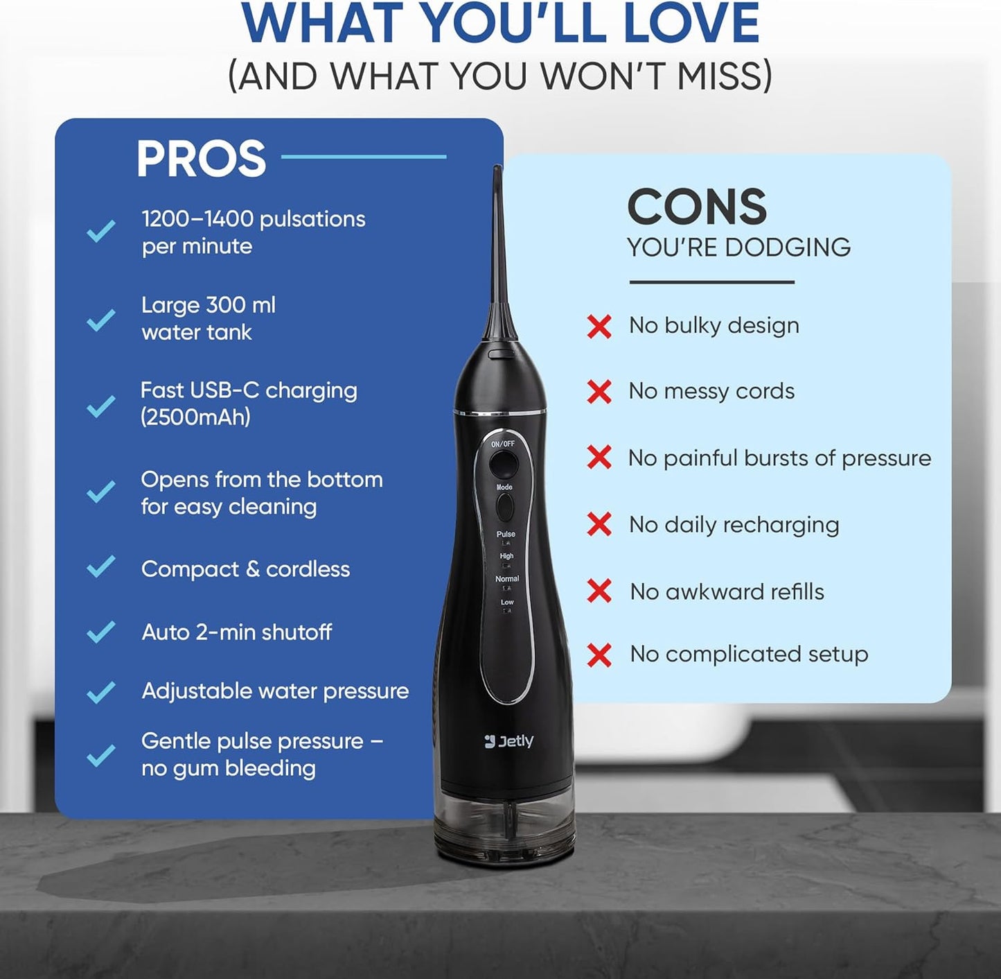 Water Dental Flosser Teeth Pick Cleaner: Travel Cordless Oral Irrigator 300ML Capacity Portable Rechargeable IPX7 Waterproof Electric Flossing Machine for Teeth Cleaning (Black)