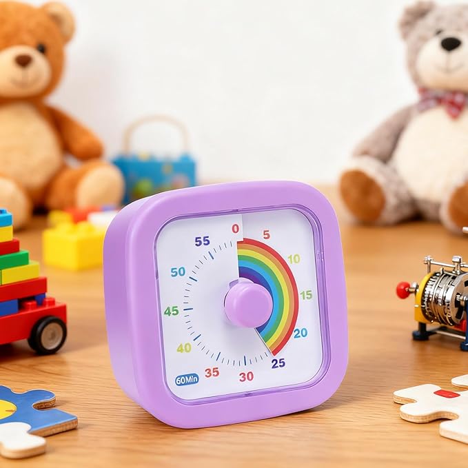 60 Minute Visual Timer for Kids and Adults, Silent Desk Timer with Rainbow Pattern, Time Management Tool for Kitchen Classroom Office Home, Purple