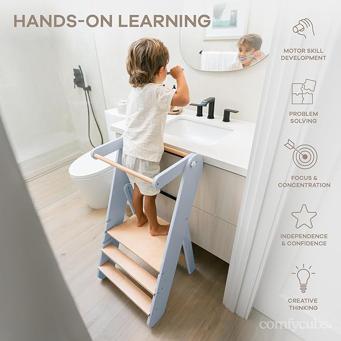 Comfy Cubs Kids Step Stool for Ages 3+, 3 Height Adjustable Toddler Tower, Montessori Furniture Designed in The US - Toddler Standing Tower for Kitchen Sink & Bathroom Access - Pacific Blue