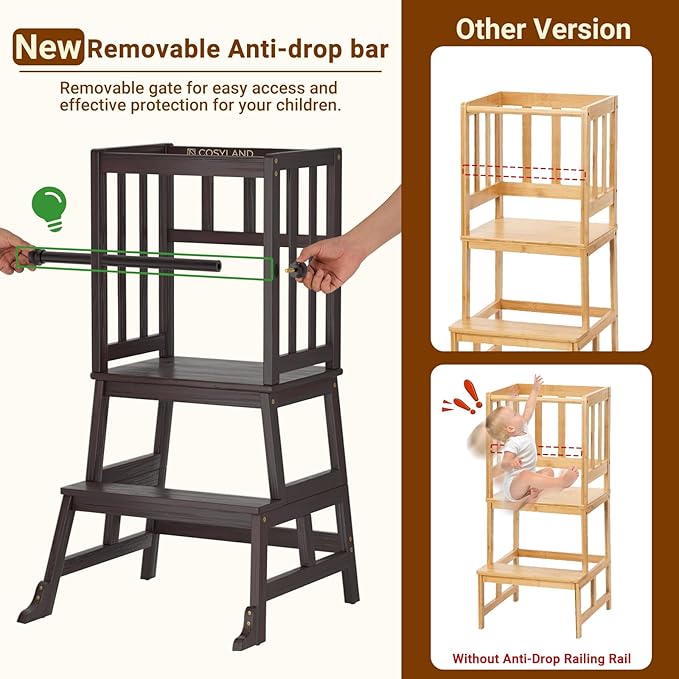 COSYLAND Kids Kitchen Step Stool, Toddler Standing Tower with CPC Certification, Removable Anti-Drop Railing Unique Patented Design A Anti-tip Stable Structure 1.5-3 Years Black Walnut Color