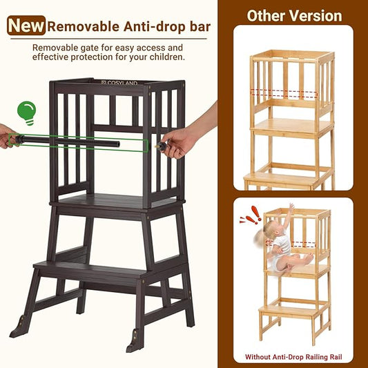 COSYLAND Kids Kitchen Step Stool, Toddler Standing Tower with CPC Certification, Removable Anti-Drop Railing Unique Patented Design A Anti-tip Stable Structure 1.5-3 Years Black Walnut Color