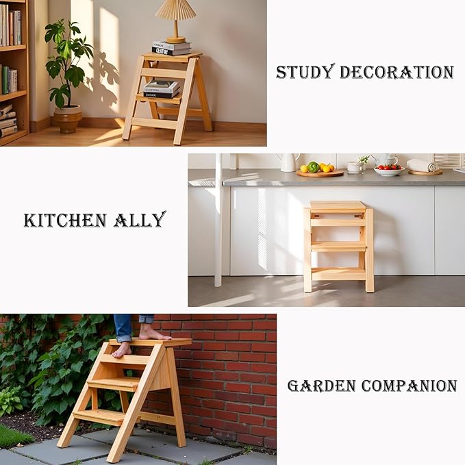 Latifolia Foldable 2 Step Stool, Wooden Step Stool with Floor Saver, Decorative Ladder Shelf for Living Room, Kitchen, Garden(Nature)