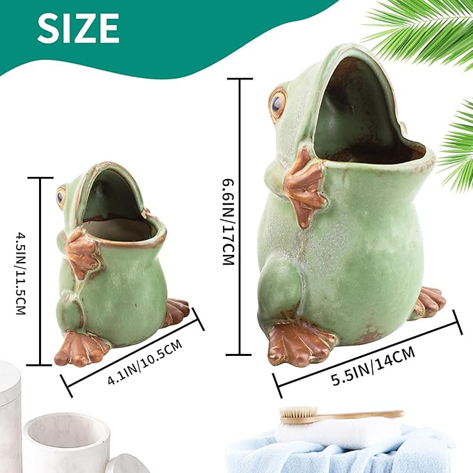 FlidRunest Extra Large Kids Frogs Toothbrush Holder for Bathroom - Ceramic Animal Tooth Brush Holder Cup - Easy to Clean Toothbrush and Toothpaste Holder - Great Gift for Boy, Friends, Kids, Men