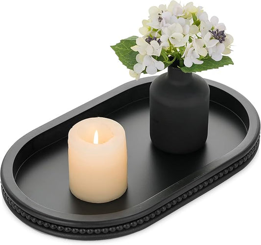 Hanobe Decorative Trays for Coffee Table : Black Oval Centerpiece Tray Wood for Farmhouse Entry Table Decor Round Bathroom Tray for Living Room Kitchen Counter