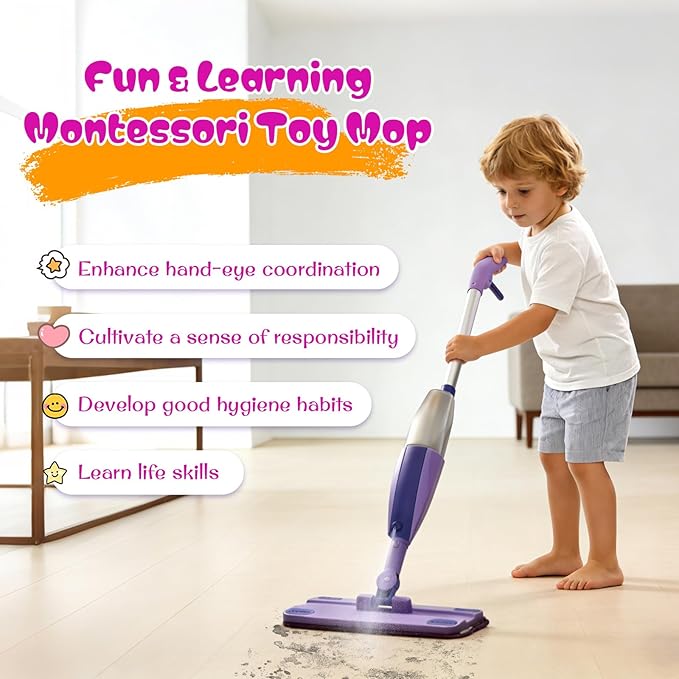 Kids Spray Mop - Mini Mop with Real Sprayer and Washable Microfiber Pad, Toddler Cleaning Set, Montessori Housekeeping Education Toys, for Boys Girls Ages 3+, Compatible with Swiffer Wet Jet Mop Pads