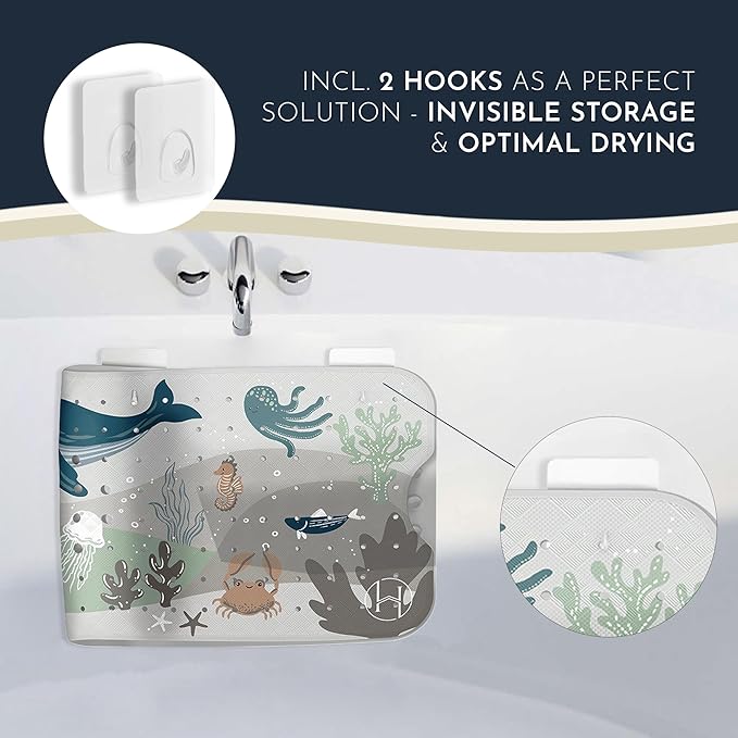 Homerella Baby Bath Tub Mat | Anti Mold Mildew Resistant Non Slip Kids and Adult Bath Tub Shower Mats | 40x16 inch Long with Suction Cups for Secure Grip Hooks for Storage & Drying | Machine Washable