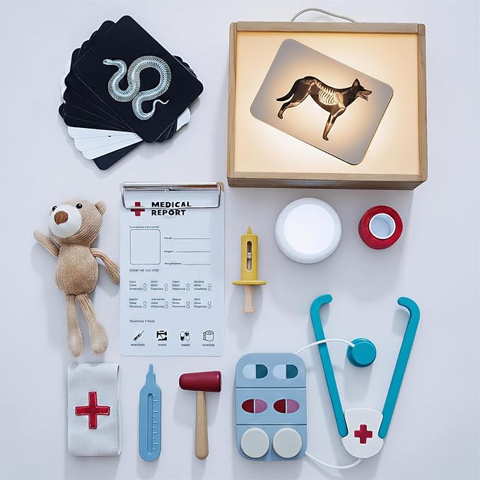 Doctor Kit for Toddlers 3-5, Pet Vet Pretend Play Toys for Kids, with X-Ray, Wooden Light Box, Medical Tools, STEM Educational Montessori Toys