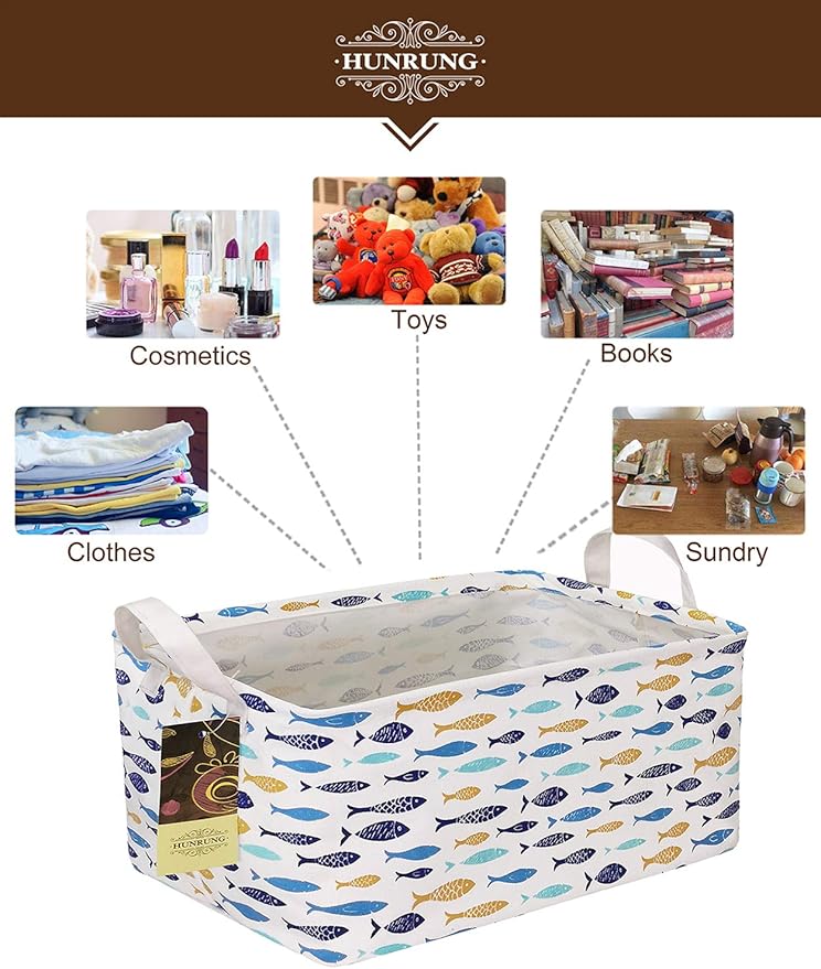 HUNRUNG Rectangle Storage Basket Cute Canvas Organizer Bin for Pet/Children Toys, Books, Clothes Perfect for Rooms/Playroom(rectangle-fish)