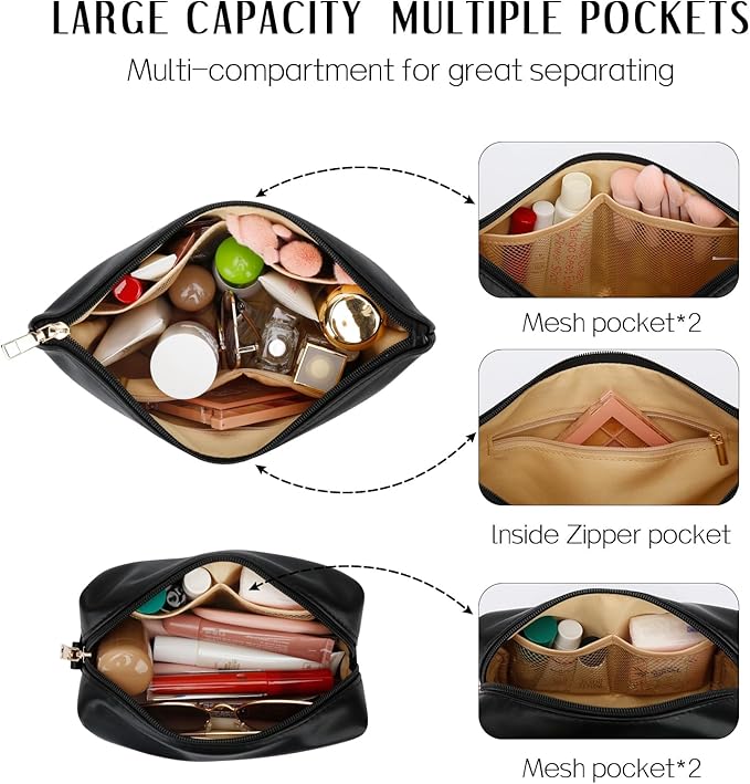 Women Gifts | Initial Makeup Bag Set for Girl Personalized Gifts for Bridesmaid Friend Graduation Teachers PU Leather Cosmetic Travel Toiletry Bag(Black,I)