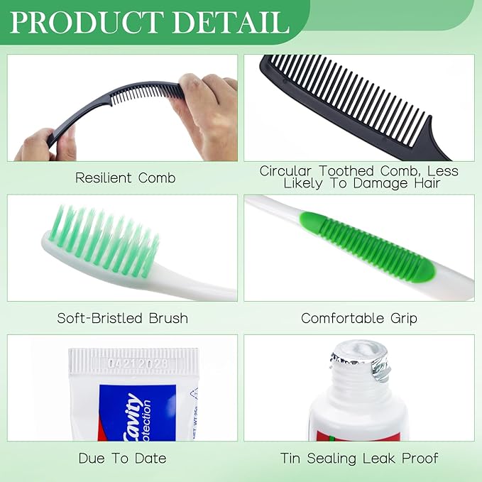 5 Set Personal Care Travel Toiletries Sets Bulk,7-in-1 Disposable Toothbrushes with Toothpaste and Floss,Comb,Soap,Cover,Zip Bag Toiletry Travel Toothbrush Kit for Homeless,Hotel,Charity