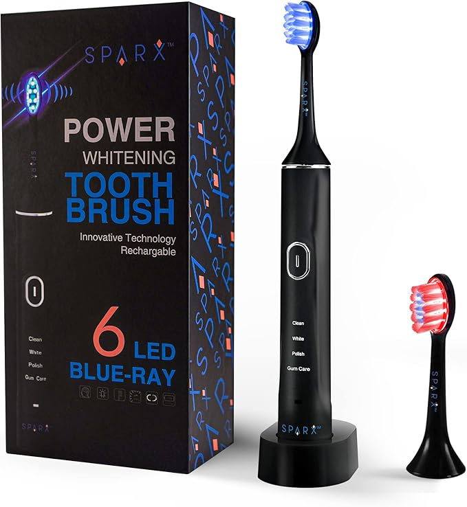 SPARX Electric Toothbrush for Teeth Whitening, Gum Care, & Polishing, Light Therapy Technology for Whiter Teeth & Healthy Gums, Rechargeable, Black