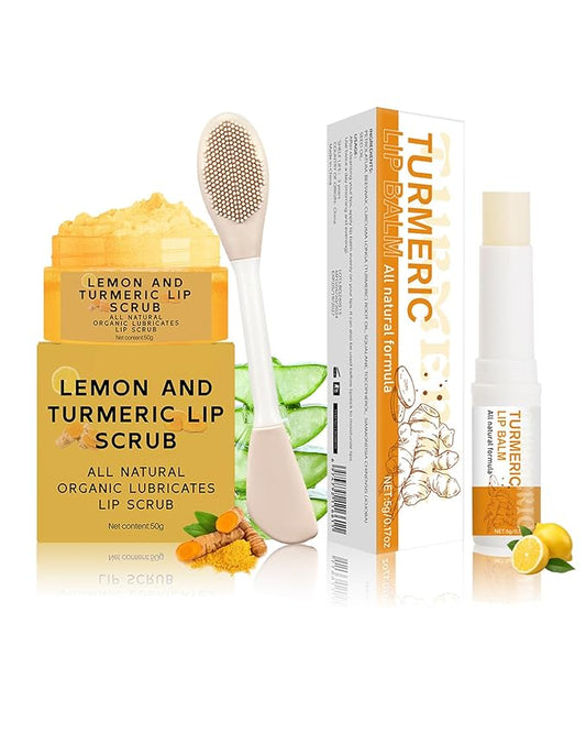 3Pcs Turmeric Lemon Lip Scrub and Turmeric Lip Balm Hydrating & Nourishing Lip Care kit, Exfoliating Lip Scrub with Aloe Vera For Dark Lips,Long-Lasting Natural Balm Moisturizer for Dry, Cracked Lips