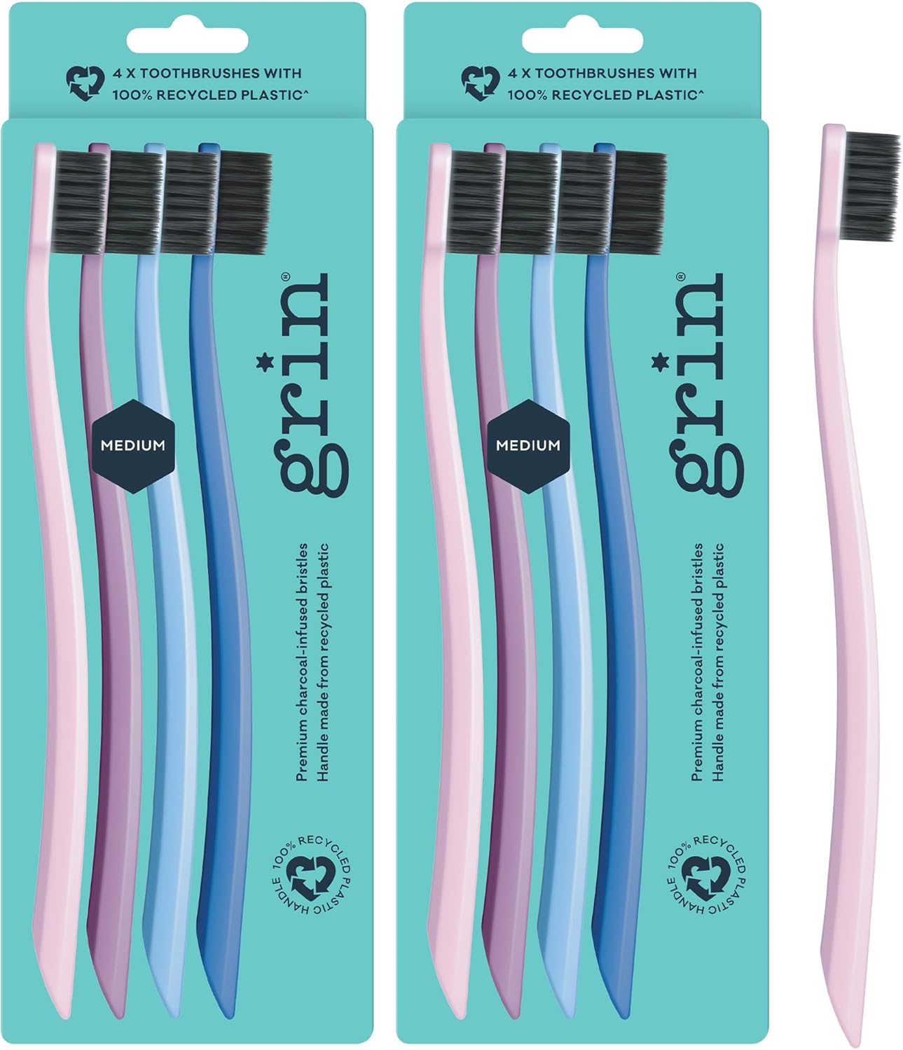 Grin Charcoal-Infused 100% Recycled Toothbrush, Medium, 4 Count (Pack of 2), Purple, Suitable for Sensitive Teeth and Gums