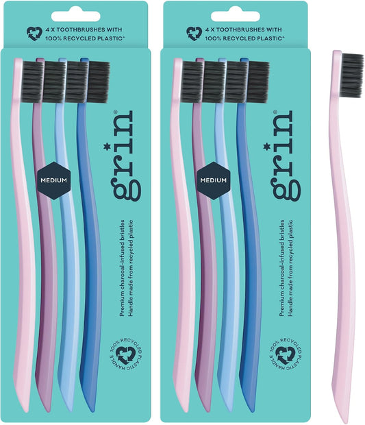 Grin Charcoal-Infused 100% Recycled Toothbrush, Medium, 4 Count (Pack of 2), Purple, Suitable for Sensitive Teeth and Gums