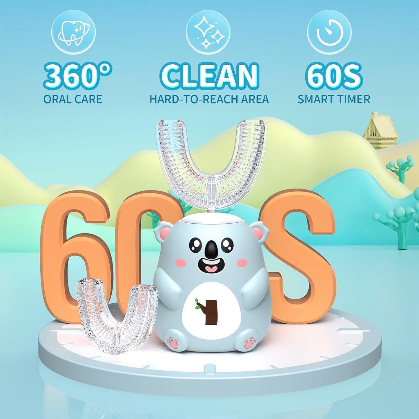 Kids U Shaped Electric Toothbrush, Automatic 360° Sonic Cleaning, 6 Modes, 4 Brush Heads, Cute Cartoon Koala Design (2-6 Age (Grey Blue))