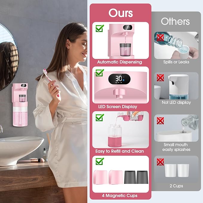Automatic Mouthwash Dispenser for Bathroom,20.29 oz Touchless Electric Mouth Wash Dispensers Bathroom Accessories Set with 4 Magnetic Cups,4 Modes Wall Mounted Mouth Wash Dispenser for Home & Kids
