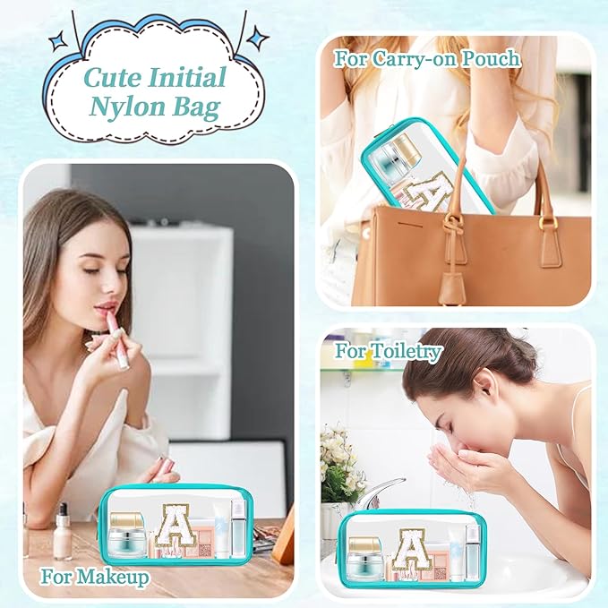 Small Clear Personalized Initial Makeup Bag,Nylon Preppy A-Z Chenille Letter Patch Cosmetic Pouch Beach Toiletry Bag,Waterproof Zipper Travel Purse Storage Bag Organizer for Women Girls(Cyan-White A)