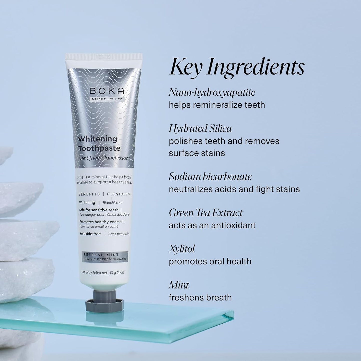 Boka Fluoride Free Toothpaste Nano Hydroxyapatite, Whitening* - 4 Fl Oz 1Pk + Boka Vital Bite Oral Probiotics for Mouth Bad Breath - 30ct Dental Probiotics Tablets