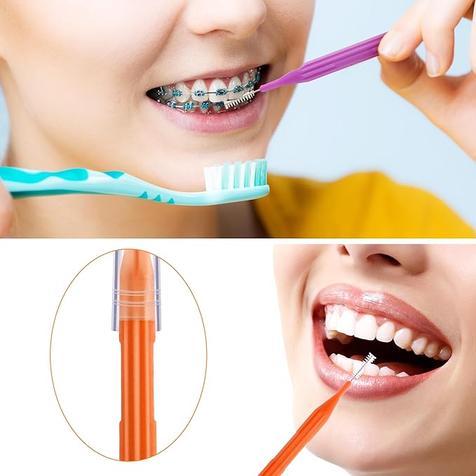 Patelai 100 Pieces Braces Brush for Cleaner Interdental Brush Toothpick Dental Flossing Head Oral Hygiene Flosser Tooth Cleaning Tool(Orange, Purple)