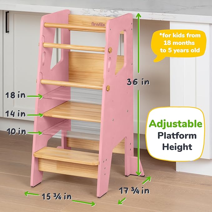 OCODILE Toddler Standing Tower - Adjustable Height Toddler Kitchen Stool Helper - Ideal Kids Kitchen Step Stool for Learning New Skills - Updated Design with Safety Feet - Pink