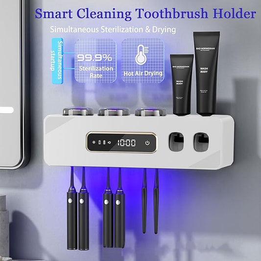 Automatic Toothpaste Dispenser,Rechargeable Toothbrush Holders for Bathrooms,3 Cups Electric Toothbrush Holder Wall Mounted with Toothpaste Dispenser Bathroom Decor (White)