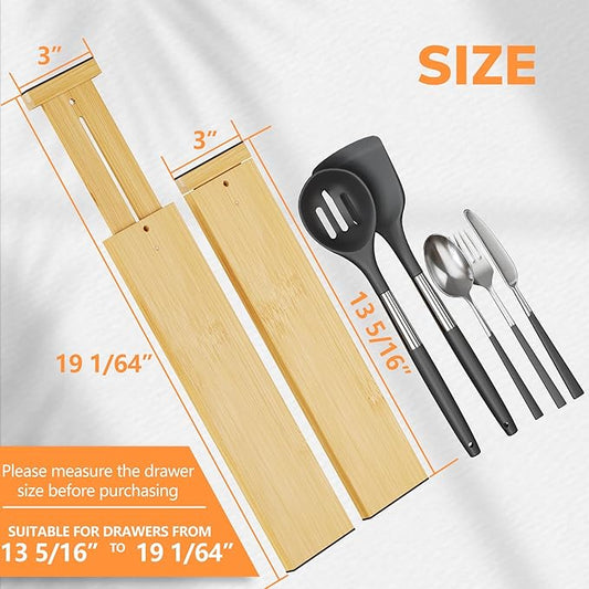 BAMEOS 4 pcs 3" High Bamboo Drawer Dividers Adjustable Drawer Organizer Expandable Drawer Organization Utensil Organizers for Kitchen Dresser Bathroom Bedroom and Office