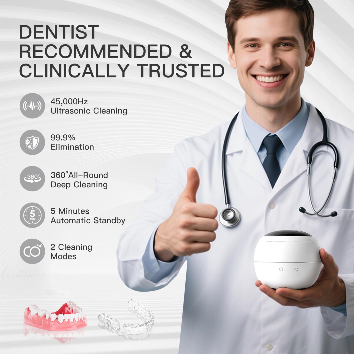 Dental Ultrasonic Retainer Cleaner Machine: 45kHz Dental Cleaning Pod for Denture, Aligner, Mouth Guard, Night Guard, Braces & Jewelry, UV Denture Cleaner with Digital Timer & Dual Mode 250ML White