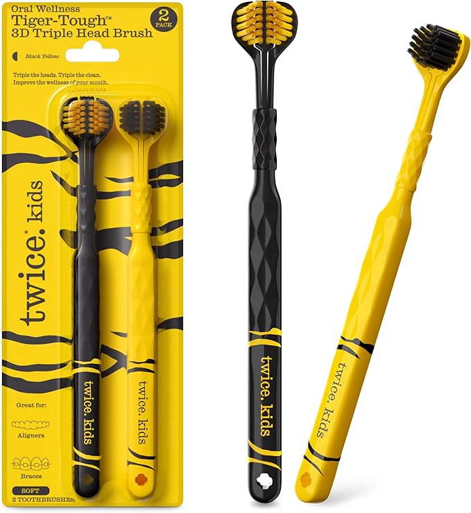 Twice Twice Kids 3D Triple-Head Toothbrush – Gentle, Soft Bristles for Braces, Aligners, and Sensitive Gums, Fun Design for Effective Plaque Removal & a Fresh, Clean Smile, 2 Count