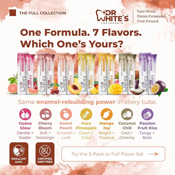 Dr. White’s Fluoride-Free nHA Toothpaste 2-Pack; Dentist-Formulated, Nano Hydroxyapatite + Xylitol, Sensitivity Relief Complex™, Mint-Free, Enamel Safe, Swallow-Safe (3.5 Oz, Sweet Peach)