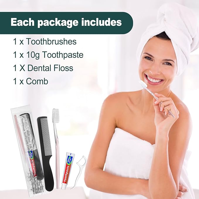 200pcs Disposable Toothbrushes with Toothpaste and Comb Floss Individually Wrapped, 4-in-1 Bulk Toothbrush Kit with 2 Color Toothbrush,10g Toothpaste,7 inch Comb, Floss Pick