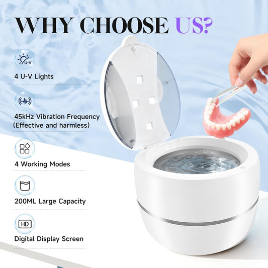 2025 Ultrasonic Retainer Cleaner Machine for Dentures - 45kHz Retainer Cleaner Machine for Mouth Guards, Braces, Toothbrush Heads, Jewelry with 200ML Capacity, 24W & 4 Modes for All Dental Appliances