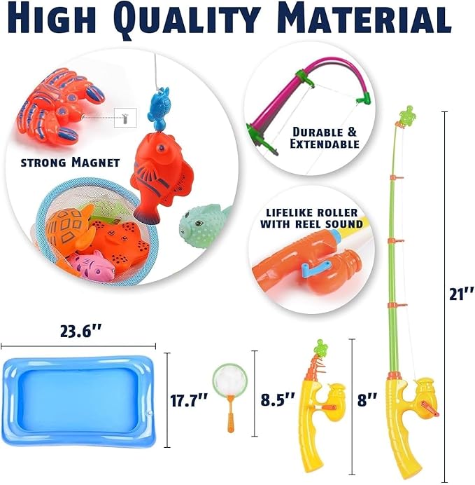CozyBomB™ Magnetic Fishing Toys Game Set for Kids | Water Table Bathtub Kiddie Pool Party Pole Rod Net, Outdoor Plastic Floating Fish, Toddler Bath Color Ocean Sea Animals Birthday Gift Age 3-5 6 4-8