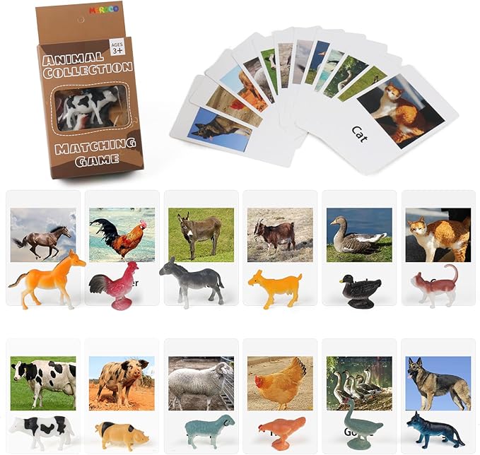 MEROCO Montessori Animal Match Cards Miniature Poultry Animals with Matching Cards - 2 Part Montessori Learning Toy, Language Materials TZX106
