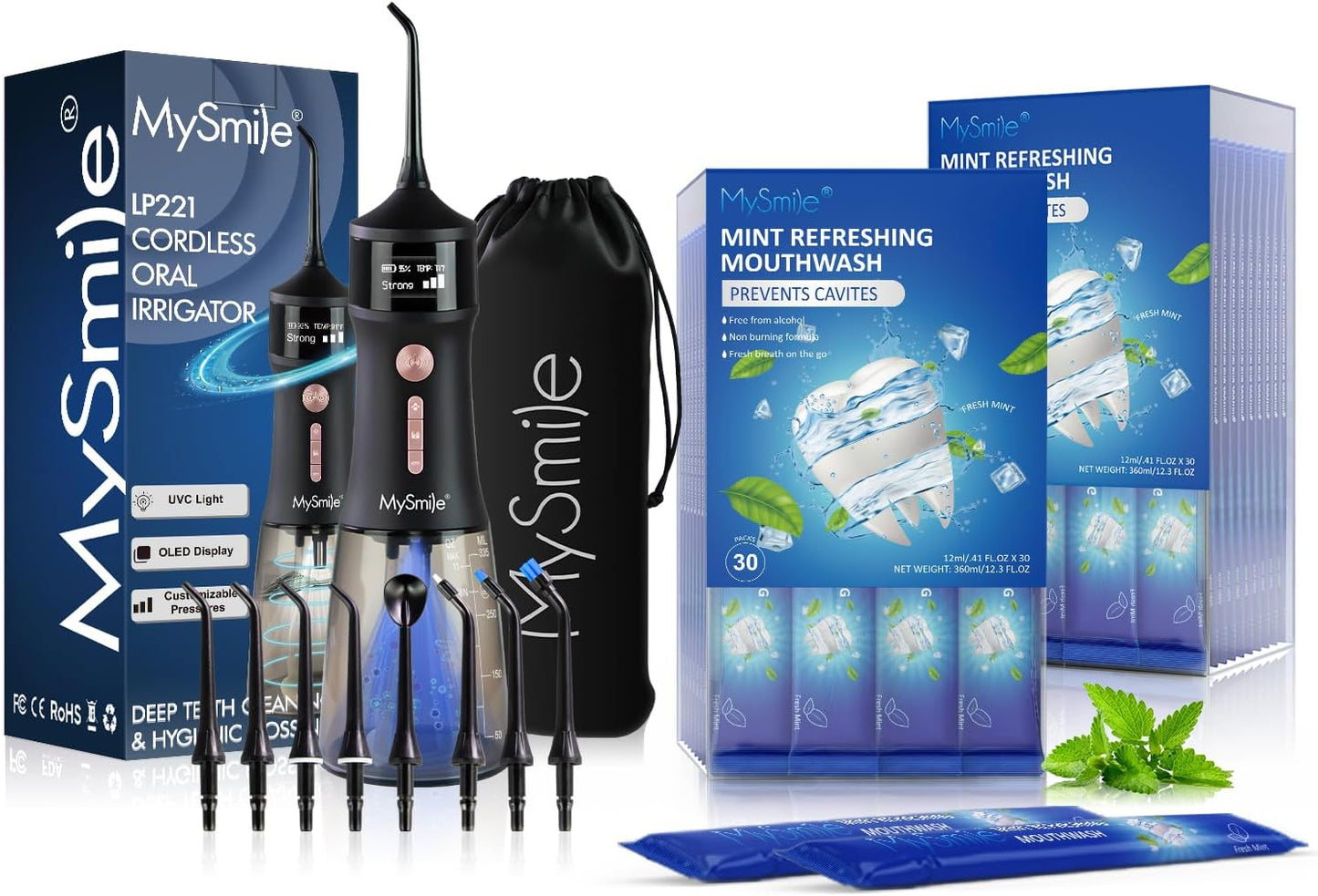 MySmile LP221 UVC Sterilizable Cordless Water Flossers Mouthwash Alcohol Free, Fresh Mint, 60 Uses