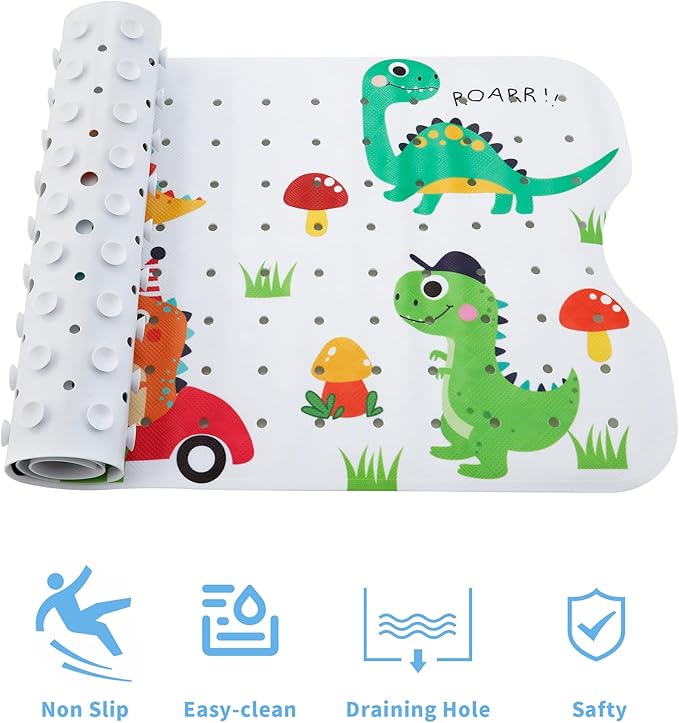 Bath Mat for Tub Non Slip Kids Bathtub Mat Extra Long 40X16 Inch Anti Slip Bathroom Toddler Shower Mat Baby Tub Mat with Suction Cups & Drain Holes (Dinos)